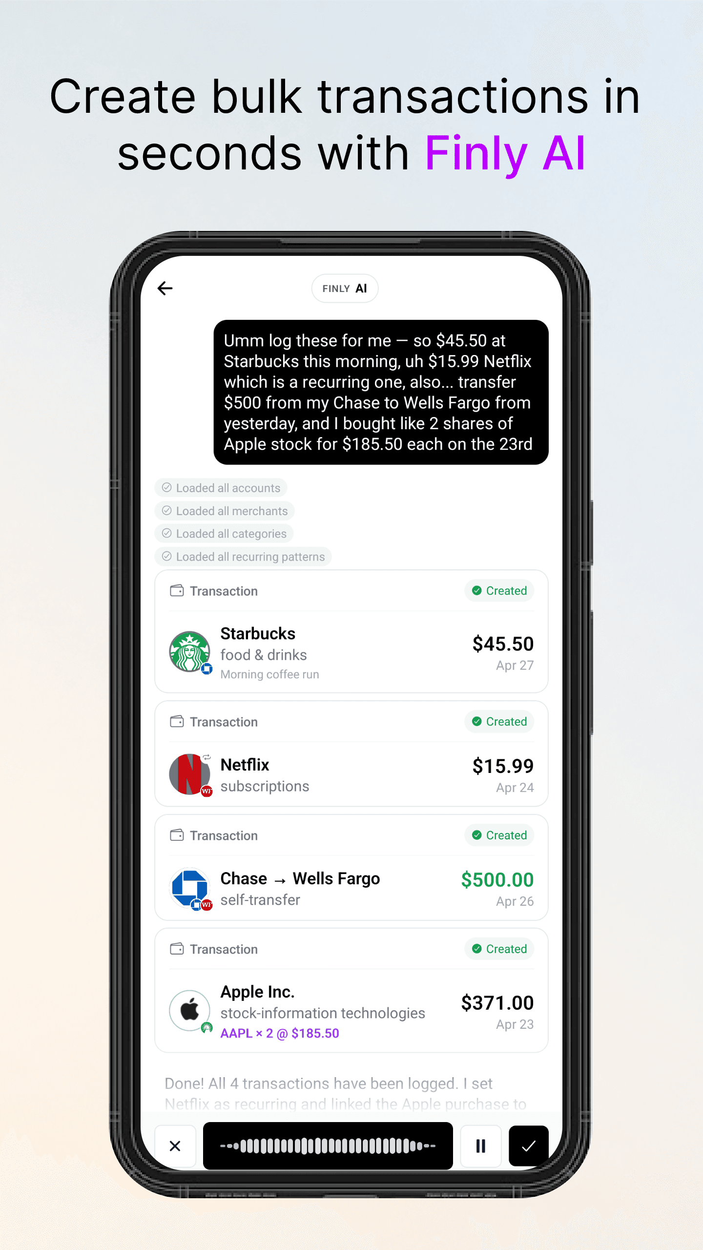 Finly AI creating multiple transactions from a single plain-language message